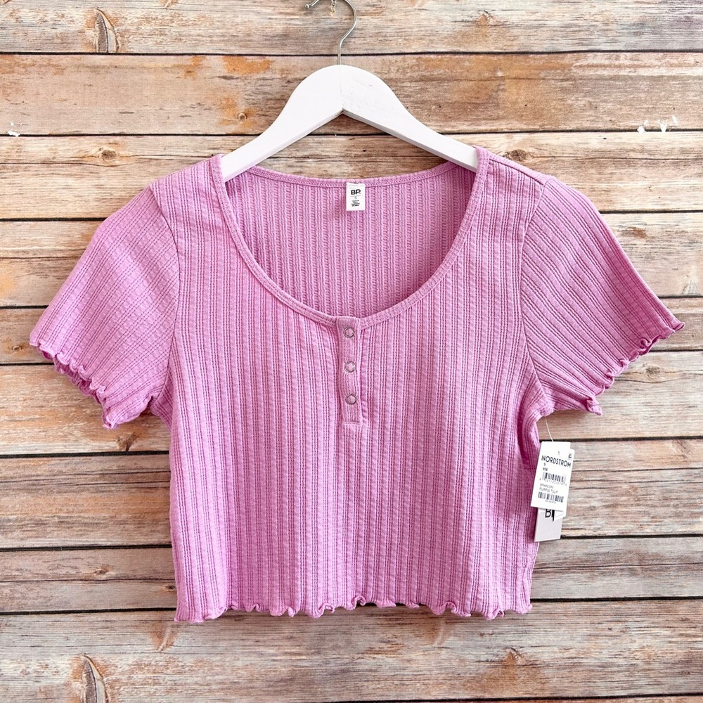 BP Top Women’s Size Small Purple Pointelle Rib Crop Henley Short Sleeve NWT